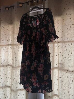 New Look Black Floral Midi Dress with Pink & Cream Blooms